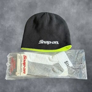Snap-on Tools Beanie and Socks Bundle Black Neon Green Reversible Knit Hat L New